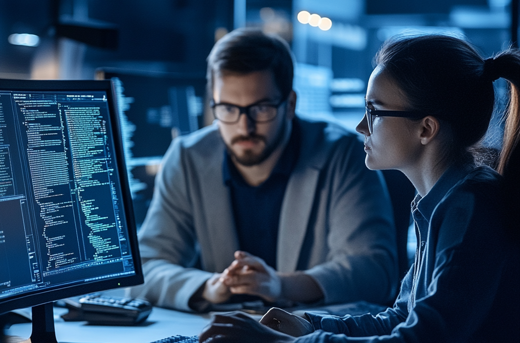 people working in cybersecurity on a computer